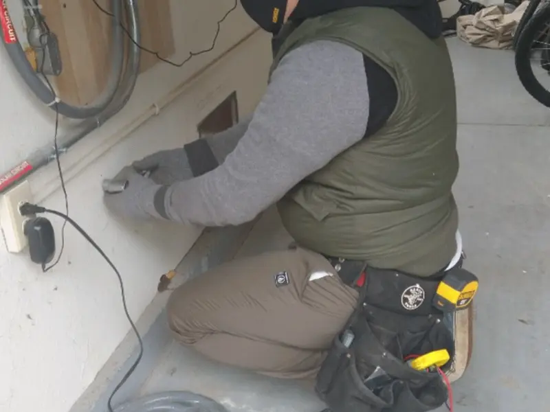 Electrician performing outlet wiring in a Cullowhee garage